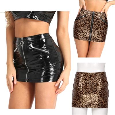 Nedveshatású Fényes Klubruha Mini Szoknya S-XXL: Nyújtható műbőr, hamis cipzáros zsebekkel, szexi testhezálló ruha az esti szórakozáshoz