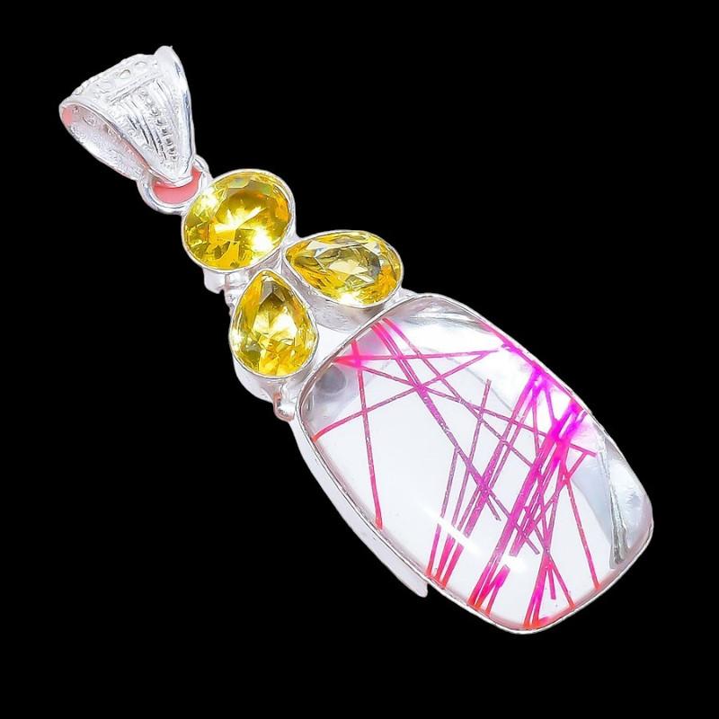 Pink Rutile Quartz, Citrine Gemstone 925 Sterling Silver Jewelry Pendant 2.5"  AH-3291