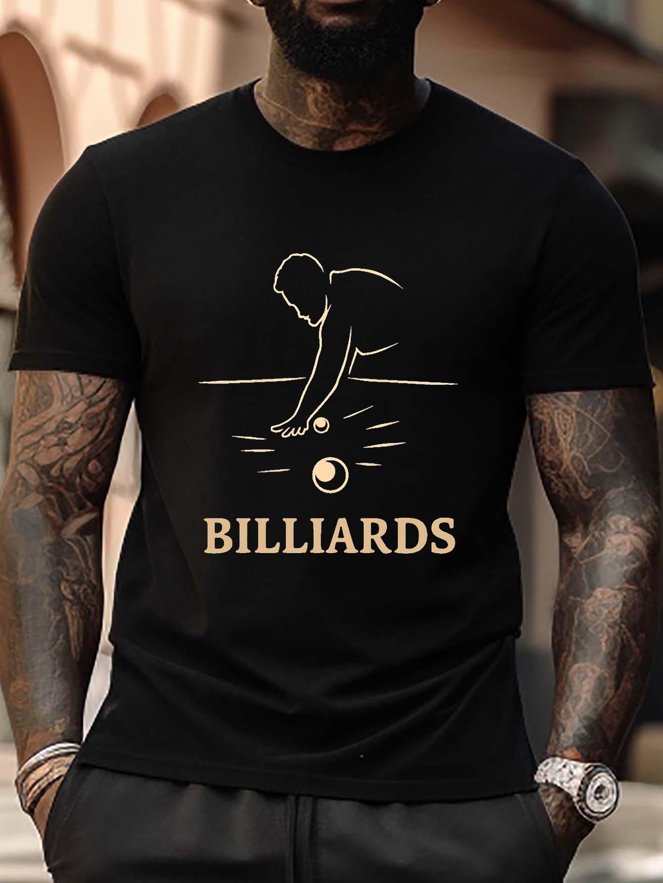 Billiards Plus Size T-shirt - Black Casual Crew Neck Tee with Golden Geometric Billiards Design S