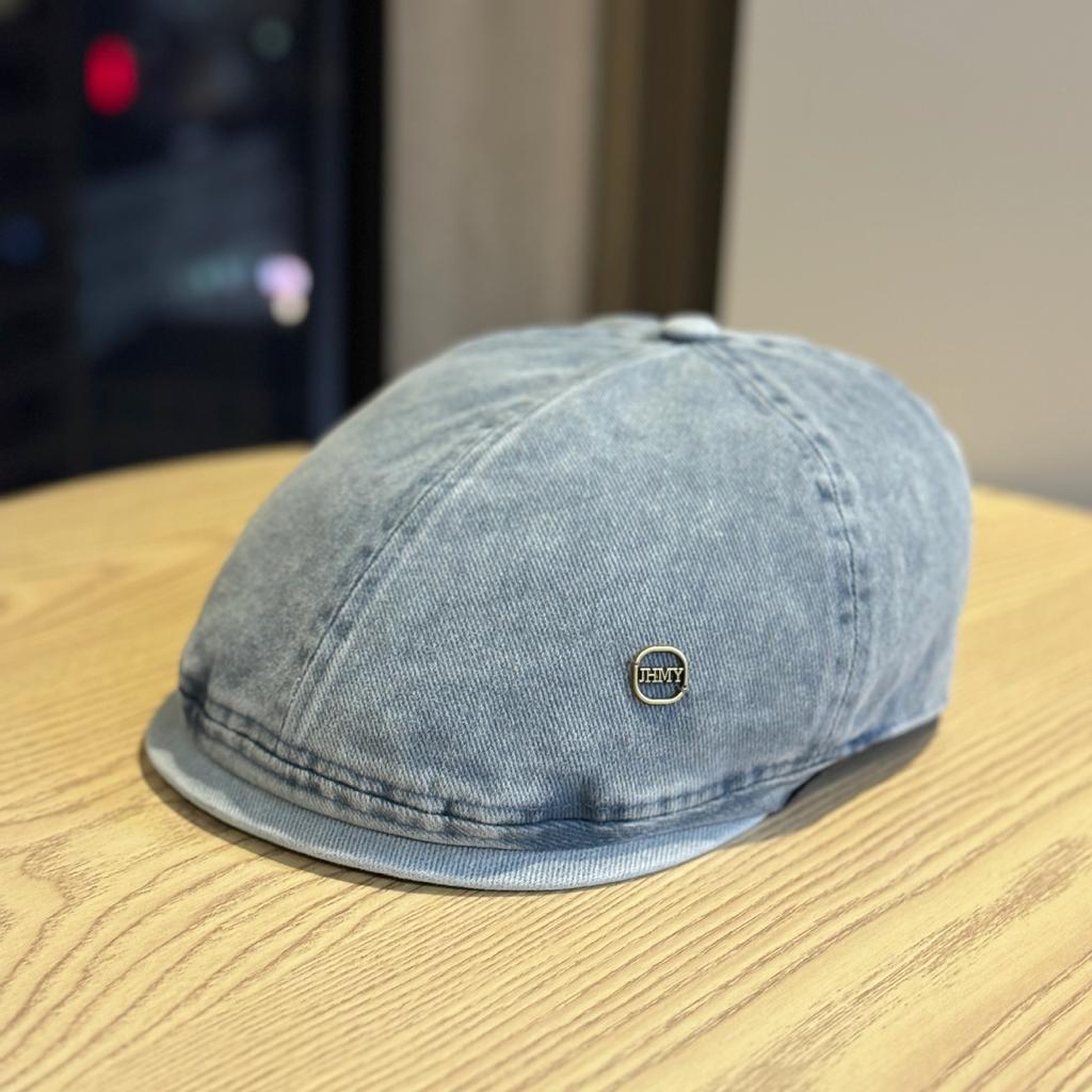 New Japanese-style Vintage Washed Distressed Denim Beret for Women with Large Head Circumference, Face-slimming Artist Hat, Trendy