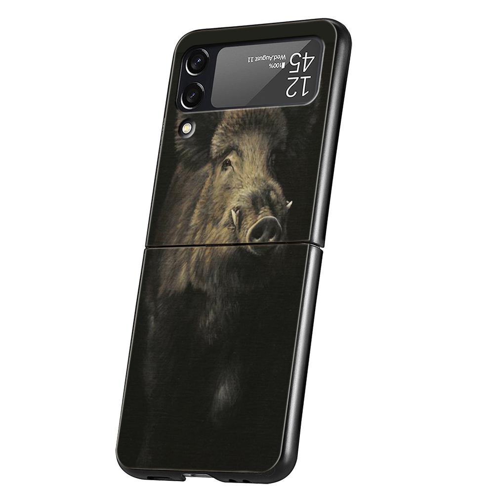 Luxury Phone Case For Samsung Galaxy Z Flip 3 4 5 6 Hard Black Folding PC For Samsung Z Flip3 Flip4 Flip5 Cover Animal Wild Boar