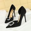 Side Empty Pointed Toe Shallow Mouth Women's Shoes Rhinestone Buckle Slim Heels High Heels Super High Heels Satin Single Shoes