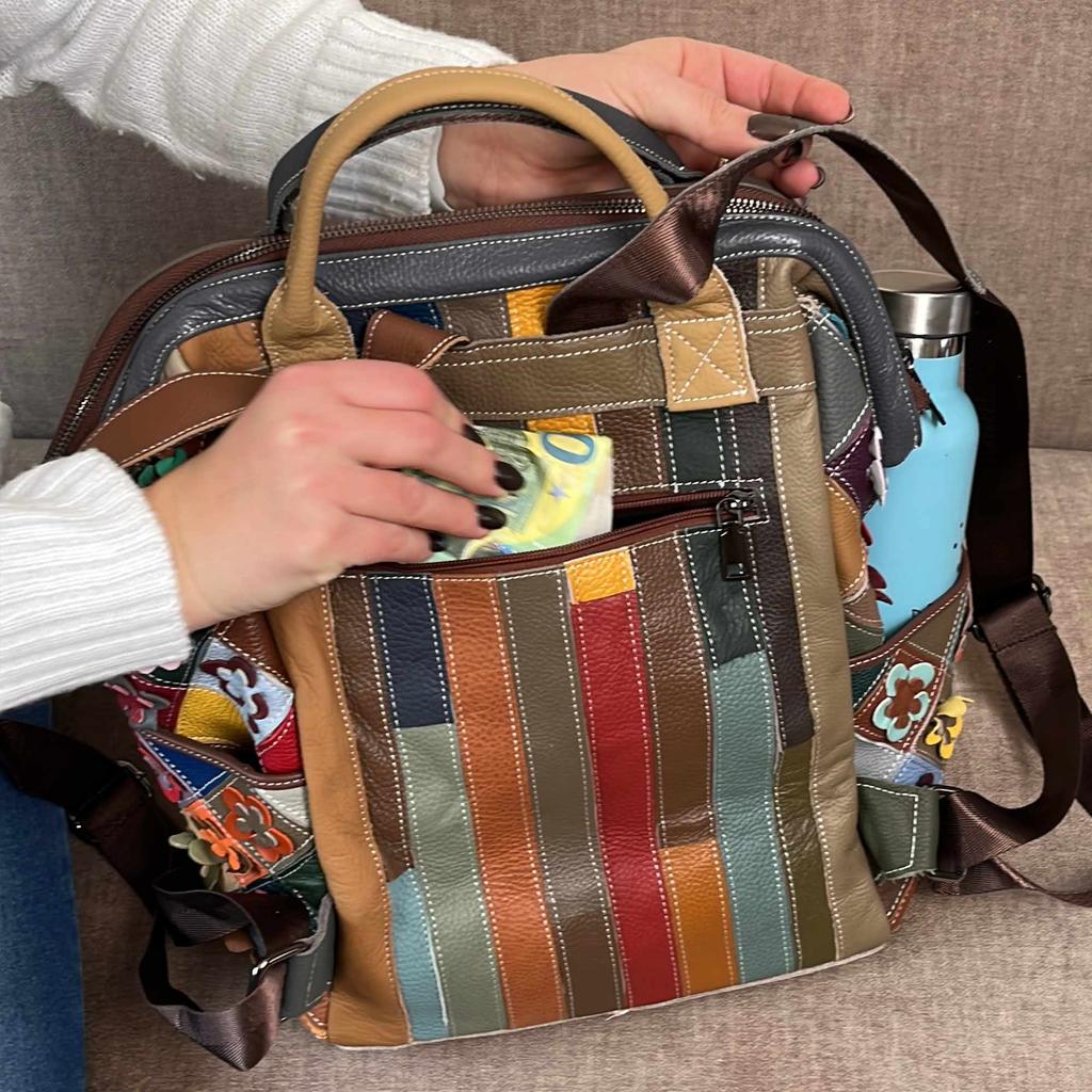 Damen Patchwork Leder Rucksack groß – Blumen Unikat