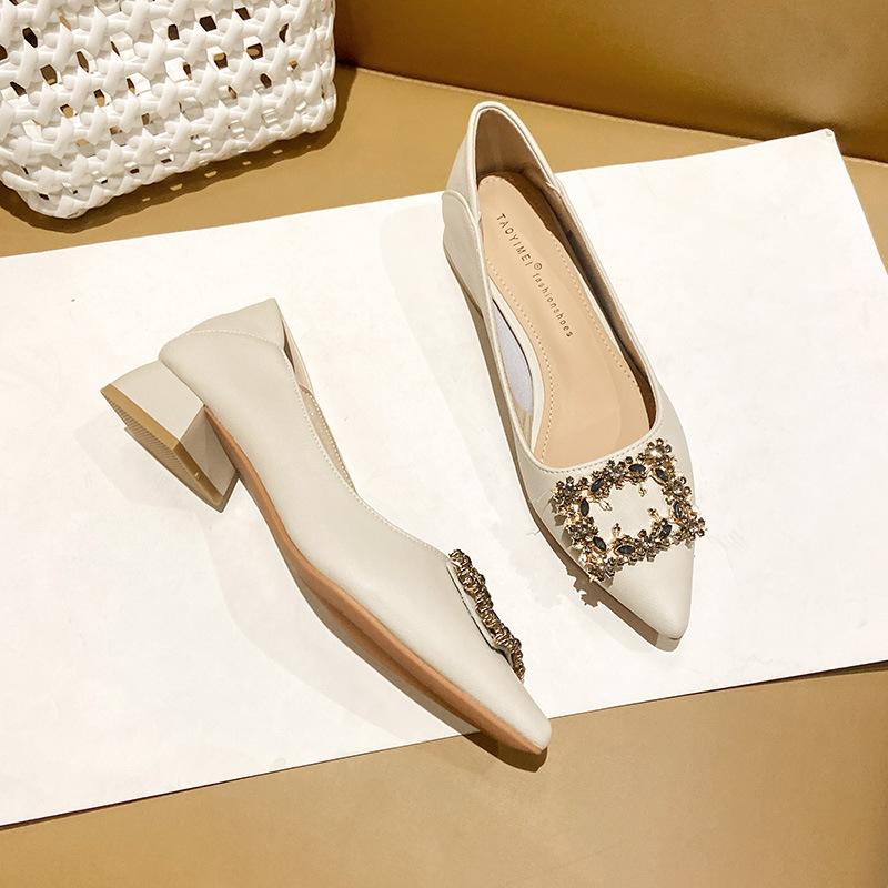 Leather French thick heel low heel single shoes femininity pointed rhinestone square buckle occupation commuter work large size women's shoes
