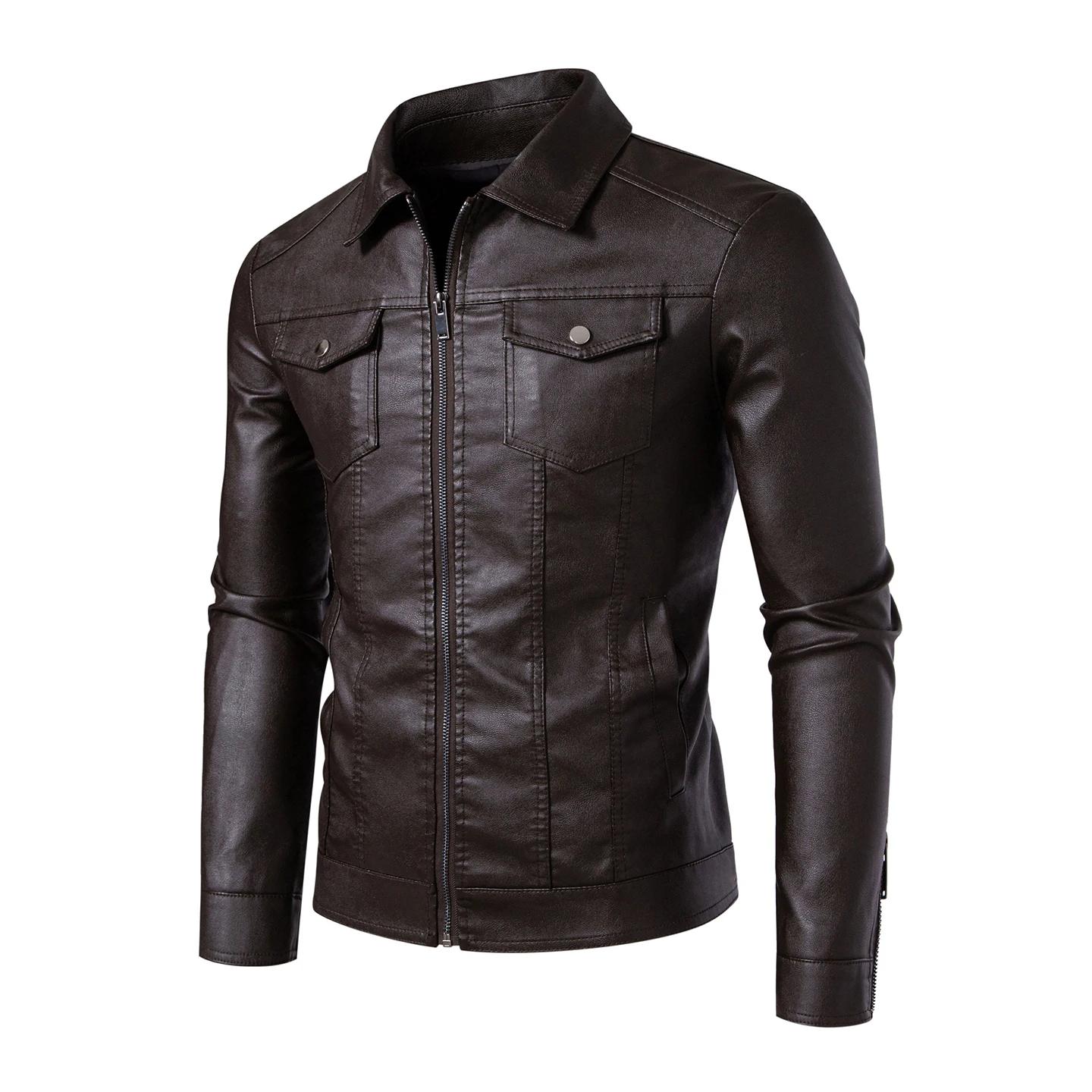 

Autumn Men Casual Biker Jacket Men Pu Leather Coat Youth Leisure Faux Leather Jacket Male Loose Fit Mixed Leather Jacket M кавовий