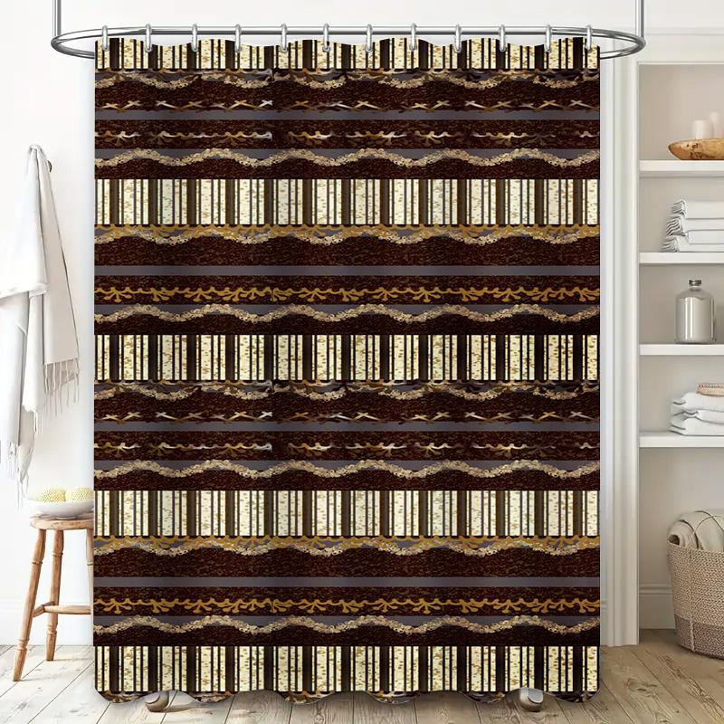 Elegant Brown Gold Shower Curtain Set For Bathroom Decor Modern Striped Waterproof Fabric With Golden Bow Tie Pattern Perfect Gi