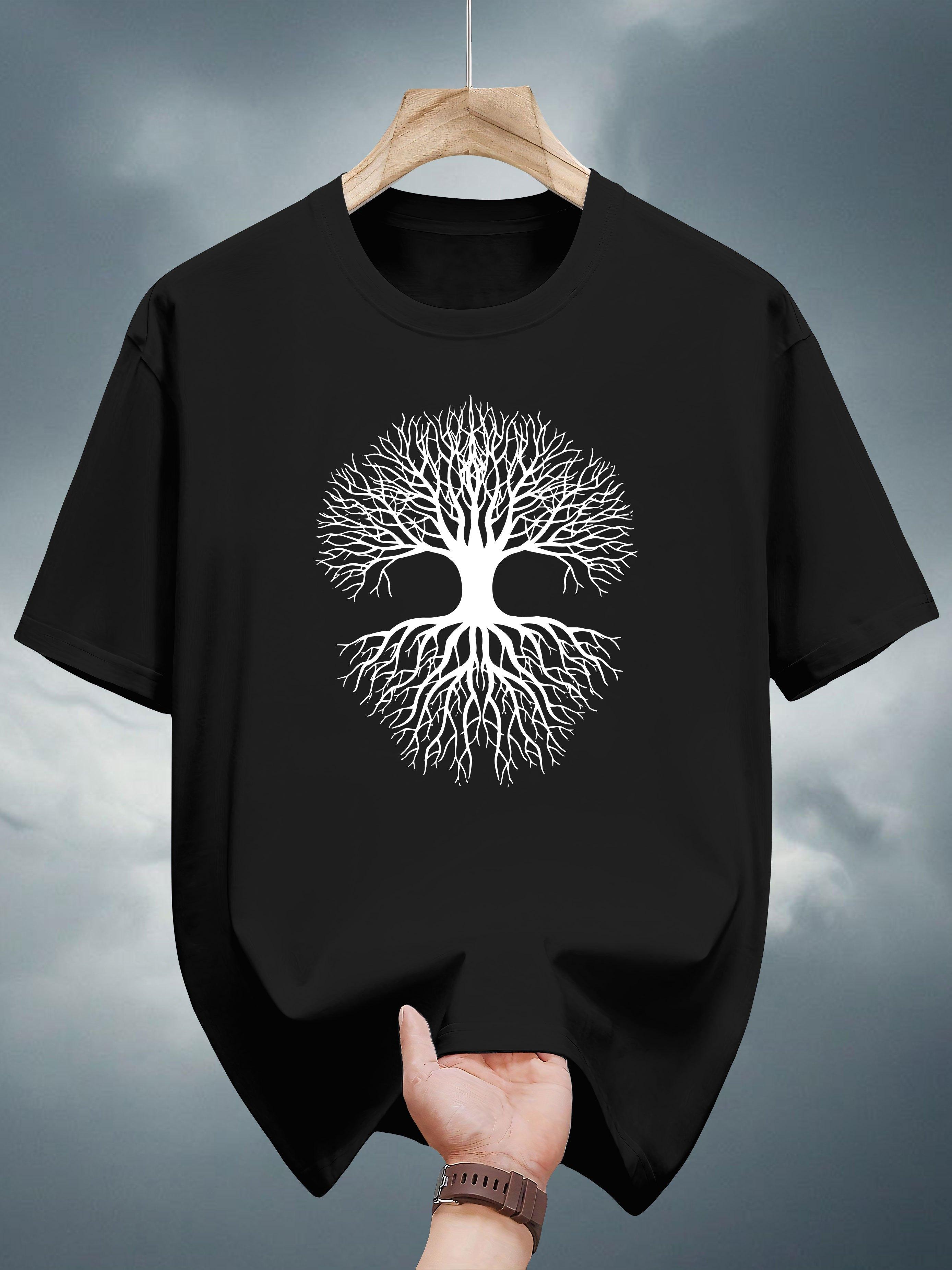 T-shirt with Tree Roots Graphic Print - Black & White Casual Summer Tee XL