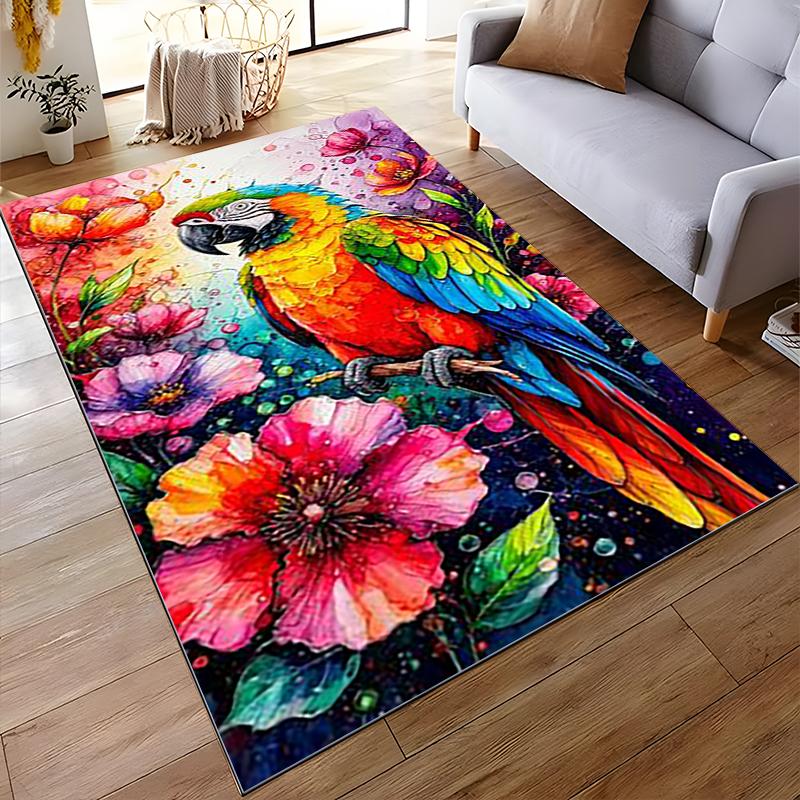 Colorful Parrot and Flowers Watercolor Art Non-slip Rug Suitable for Living Room and Bedroom Sofas