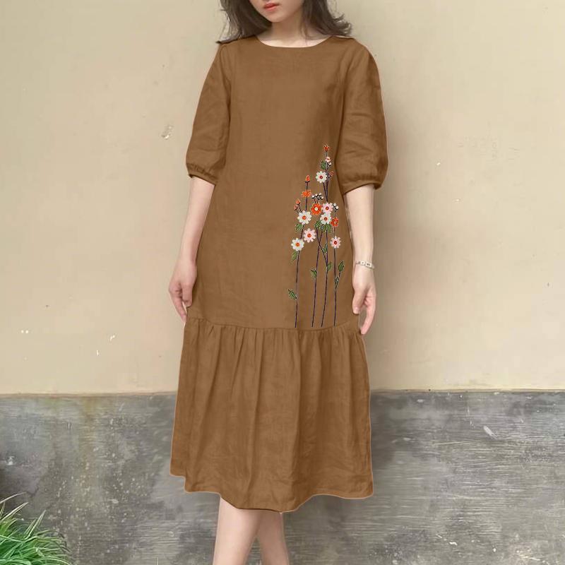 

ZANZEA Женское повседневное платье с круглым вырезом, рукавом до локтя, свободного кроя, с вышивкой 3XL