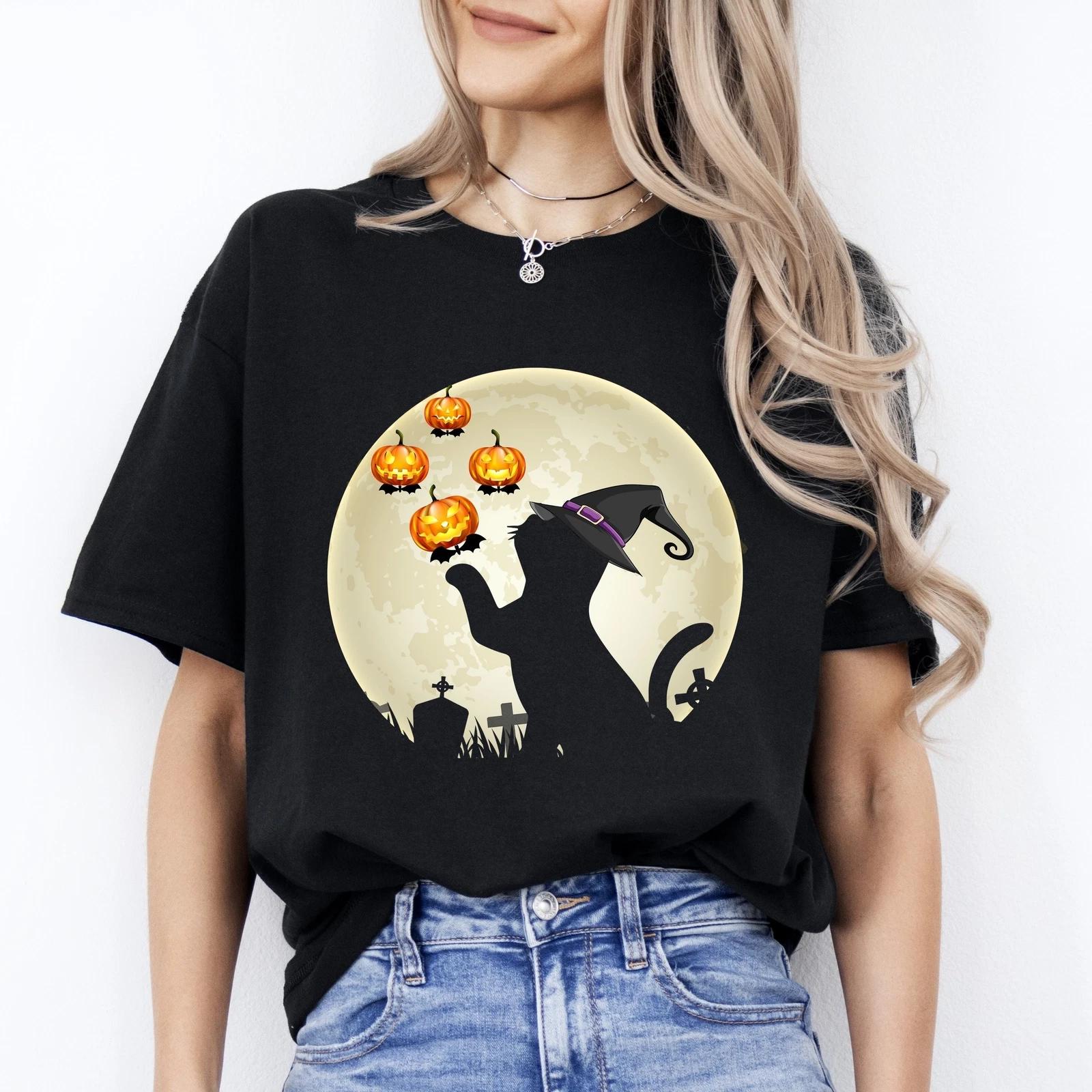 Cat and pumpkins Halloween Unisex T-Shirt Moonlight grave black cat tee Black Da S