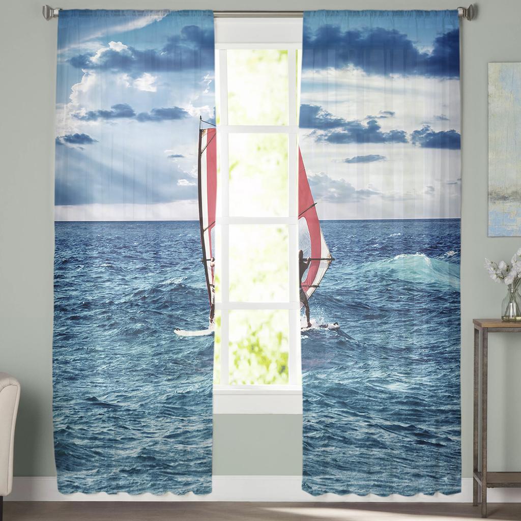 Blue Sea Waves Sailboat Modern Tulle Curtains For Living Room Bedroom Home Kitchen Window Sheer Curtains