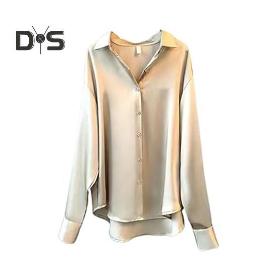Damen-Hemd mit Revers, langärmelig, einreihig, Oberteile, einfarbig, glatter Satin, lockere Passform, vielseitiges Hemd