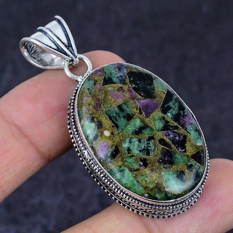 Copper Ruby Zosite Gemstone Handmade 925 Sterling Silver Pendant 2.17" W0A68