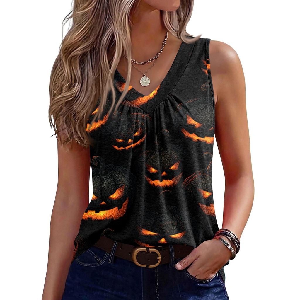 Women's Halloween Print V-Neck Sleeveless Tank Top