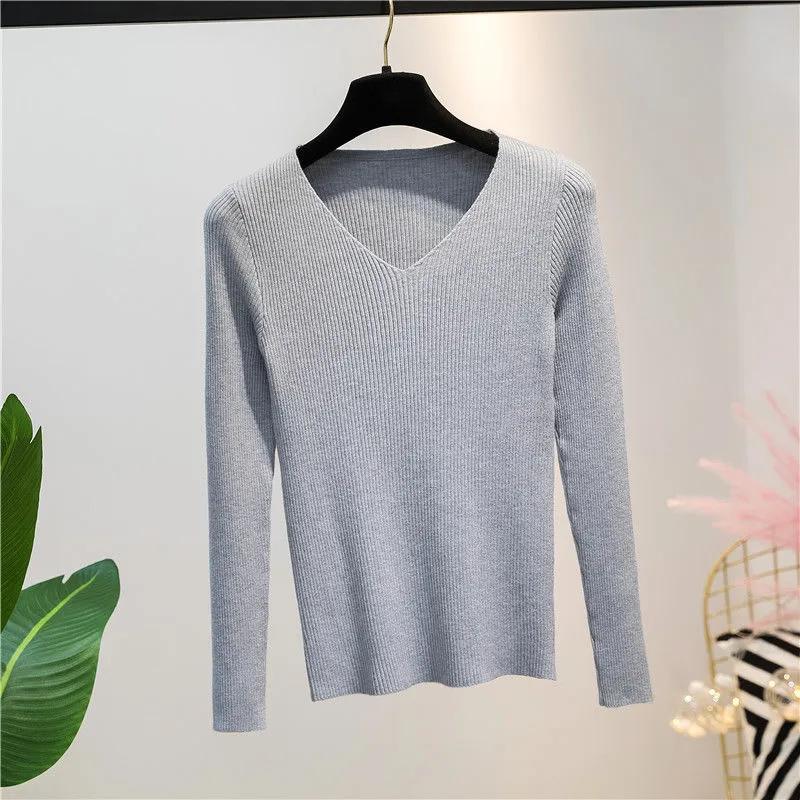 Women Sweater Autumn Long Sleeve Pullover Basic Top Fashion V-neck Elastic Female Winter Solid Knitted Jumper Sweater