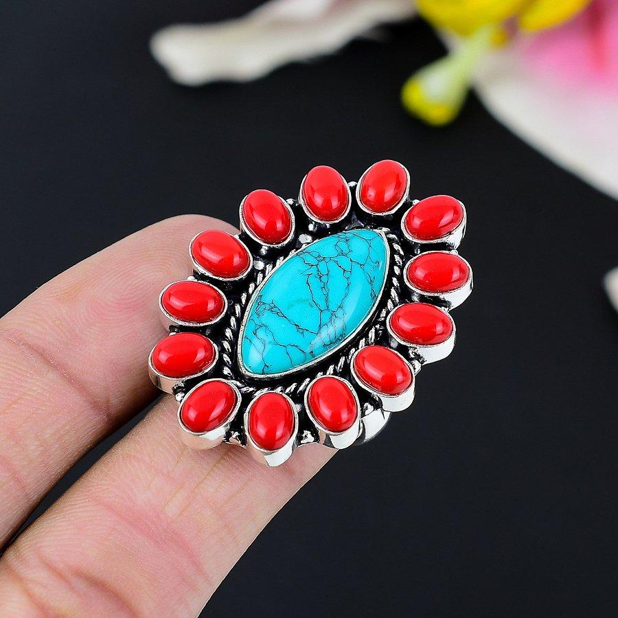 Santa Rosa Turquoise, Coral 925 Sterling Silver Jewelry Ring Size 9 KG-137