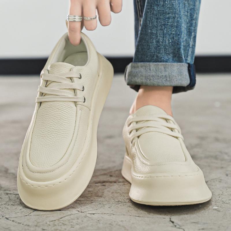Beige Leather Casual Shoes Men Lace-up Platform Loafers for Men Classic Comfort Men's Driving Shoes Light chaussures homme cuir