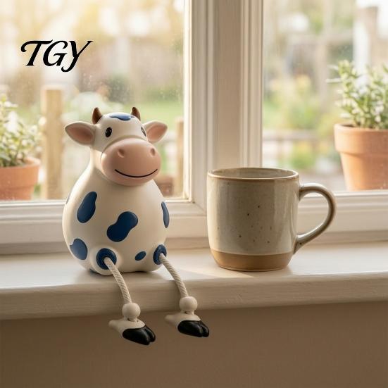 Cow Figurine Resin Statue, Cute Shelf Sitter with Dangling Rope Legs, Garden Decor for Patio Cartoon Farmhouse Animal Ornament Fence Railing, Planter,