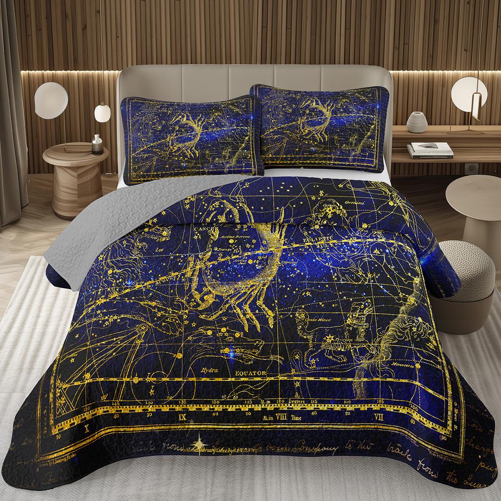 Zodiac Constellation Bedspread Queen/King/Twin Boho Exotic Coverlet Galaxy Star Quilted Bedding Set for Girls Women Room Decor