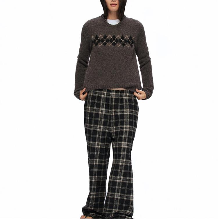 Lambswool Diamond Pattern Retro Round Neck Sweater - Autumn/Winter Casual Knit Top