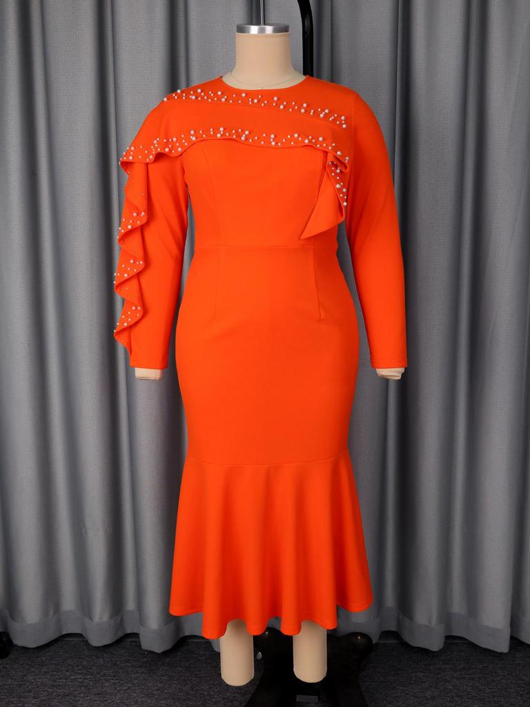 Elegant Plus Size Ruffled Mermaid Gown with Beaded Long Sleeves