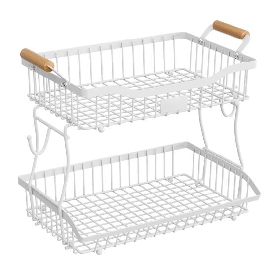 

Корзина для фруктов, кухонная стойка для хранения с деревянными ручками, двухслойная конструкция, большая вместительная корзина для овощей и фруктов с вешалками для бананов белый