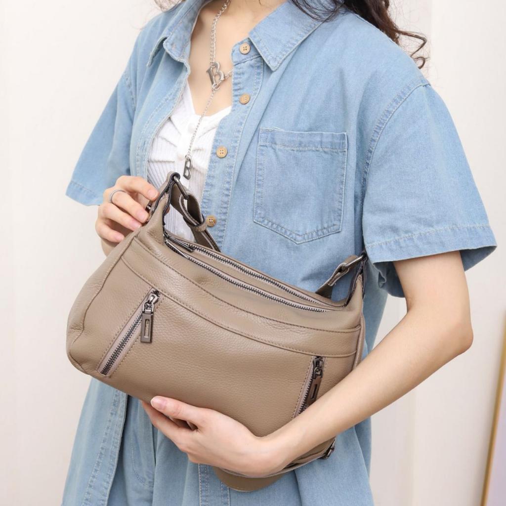 Dropped Pattern First Layer Cowhide Women Single Shoulder Crossbody Simple Multi-Compartment Dumpling Bag Large Capacity Aunt Mother Bag