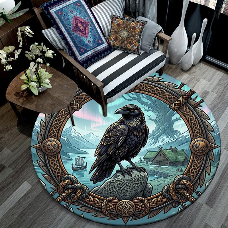 Raven Norse Landscape Round Area Rug Under Office Chairs Bedroom Living Room Home Decor 80cm x 80cm