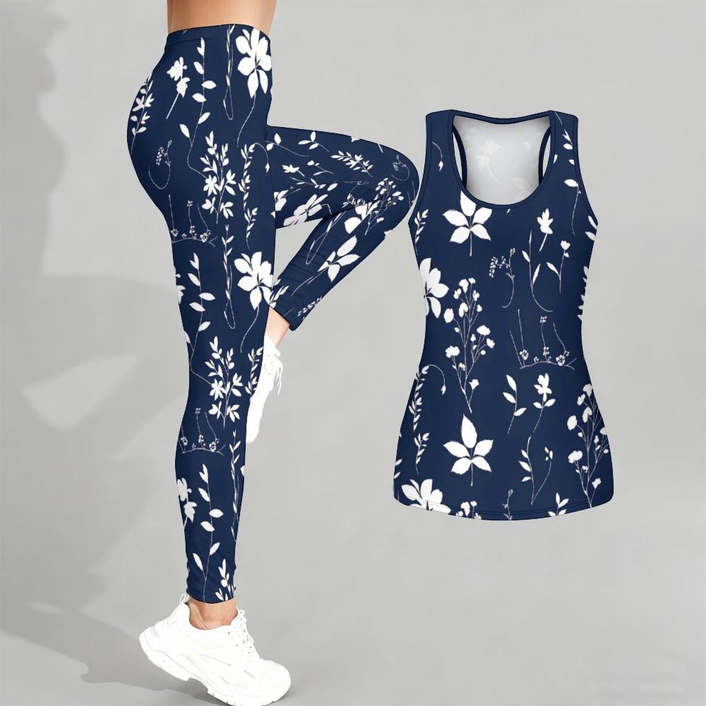 Retro Flower Printed Yoga Outfit for Women Fashion Workout Leggings Fitness Sports Casual Yoga Set Sports Suit