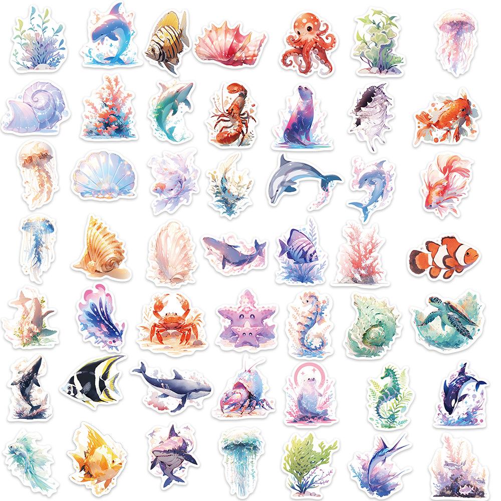 

50 Watercolor Marine Animals Graffiti Stickers Personalized Decorative Guitar Notebook Suitcase DIY Waterproof Stickers