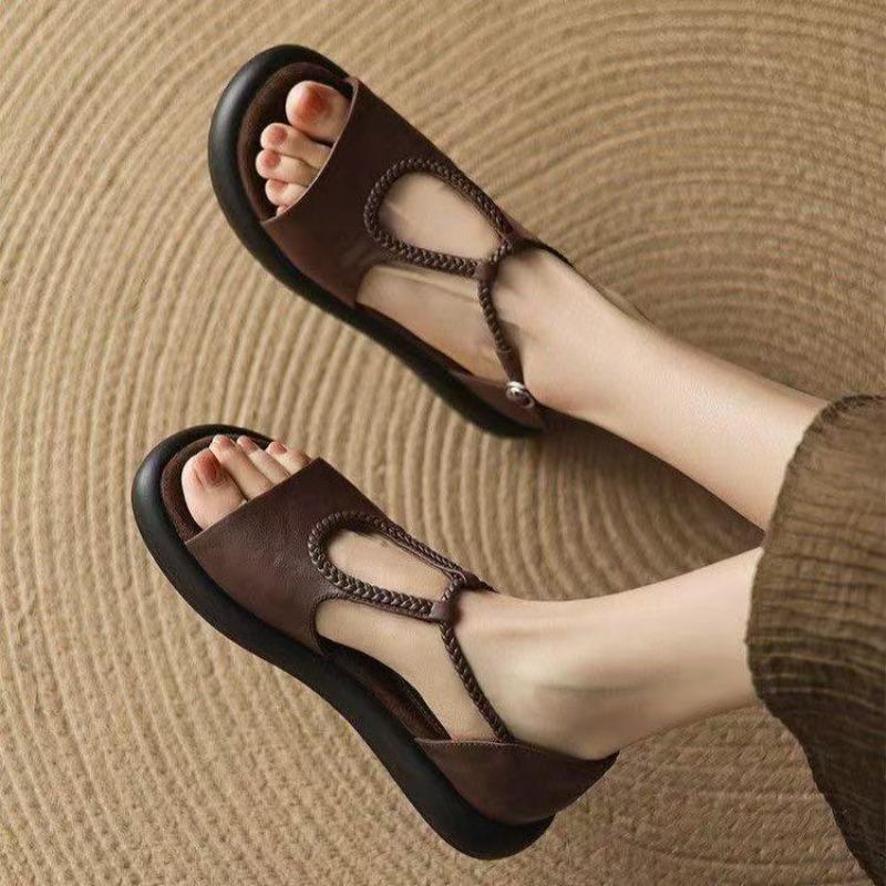 Retro New Style Open-toe Flat Sandals for Women, Soft Leather Sole, Anti-slip, Versatile and Stylish Shoes