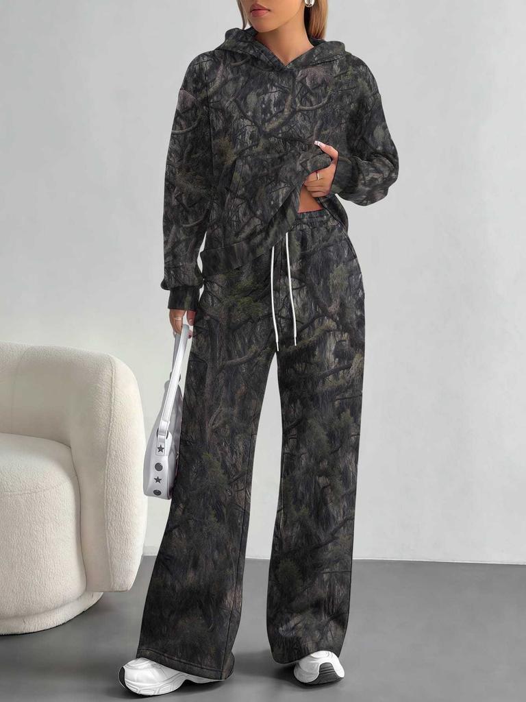 Camouflage European and American Autumn and Winter Casual Long-sleeved Suit Women's Hooded Sweater Trousers Two-piece Set