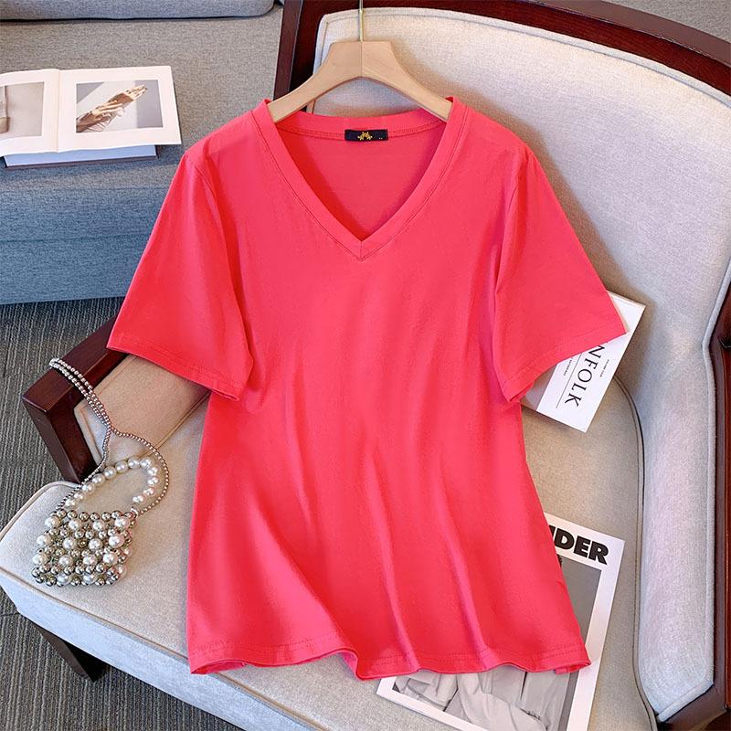 Women's Plus Size T-Shirt Summer Cotton Short Sleeve Loose V-Neck Top