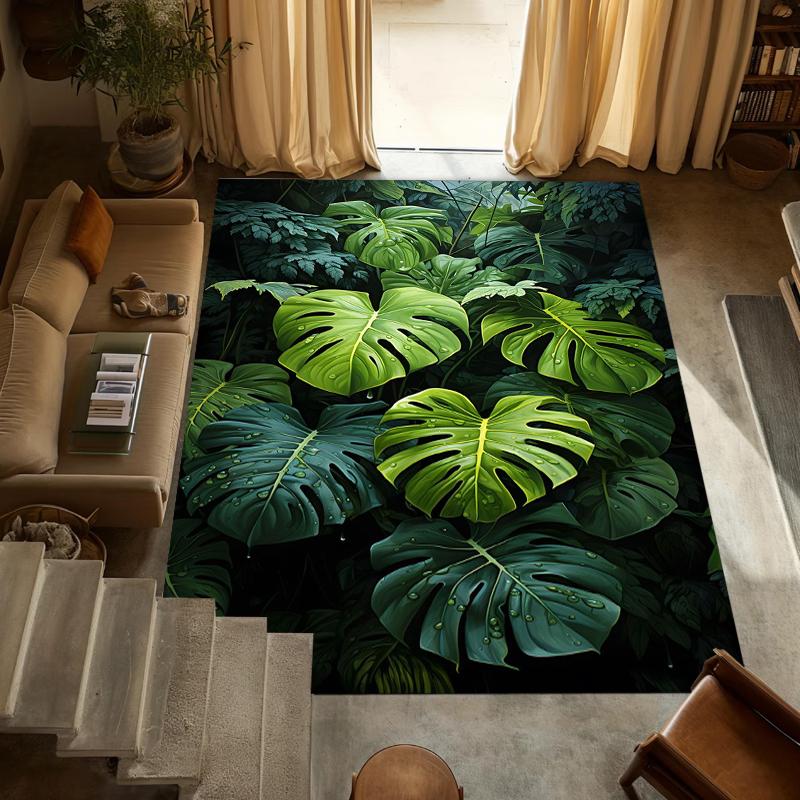 2D Green Monstera Leaf Area Rug Tropical Plant Themed Floor Carpet Non-Slip Washable Bathroom Doormat Living Room Kitchen Carpet