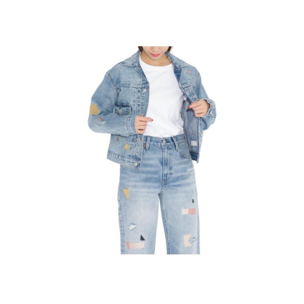 Levis Collared Pattern Printed Embroidered Button Loose Long Sleeve Cropped Denim Jacket Women Jackets Indigo A5884-0001