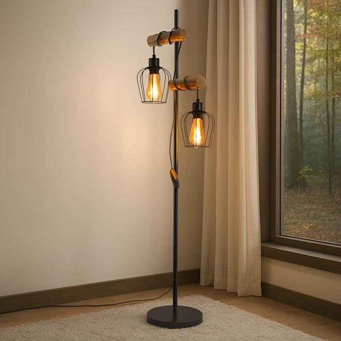 Lampadaire salon sur pied NETTLIFE - en bois, Style industriel rétro, 2 douilles E27, hauteur 151 cm, abat-jour en métal