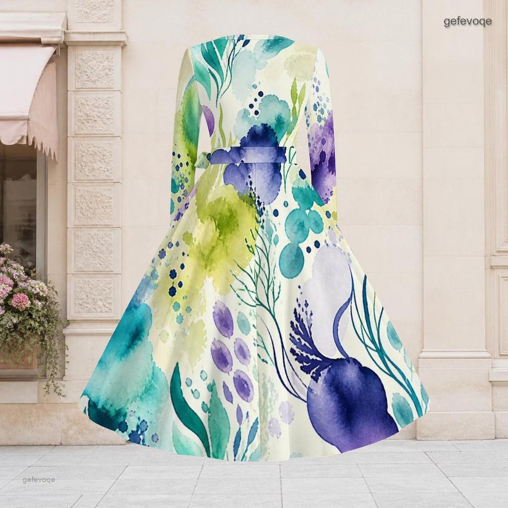 Women Plus Size V Neck Long Sleeve Printed A Line Flared Midi Dress With Belt