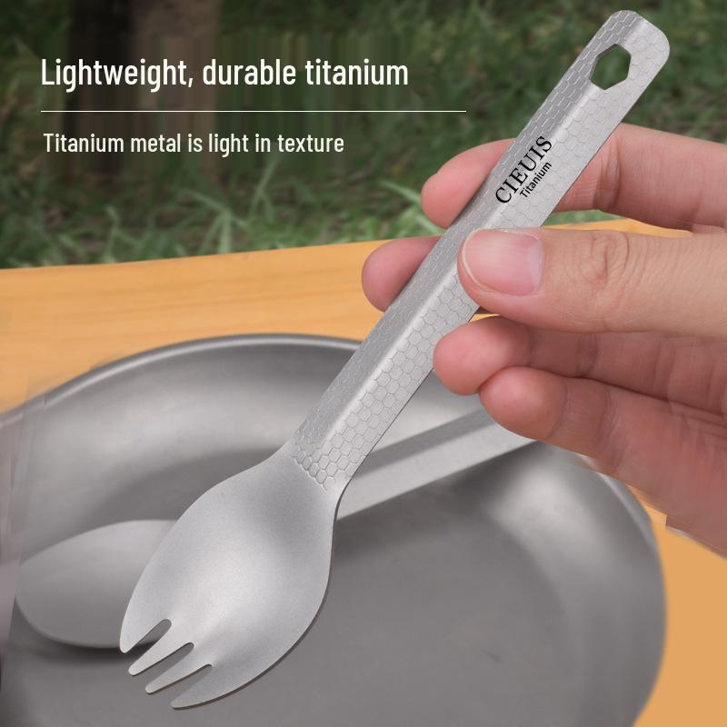 Portable Outdoor Titanium Fork and Spoon with Rhombus Pattern - Lightweight Camping Tableware