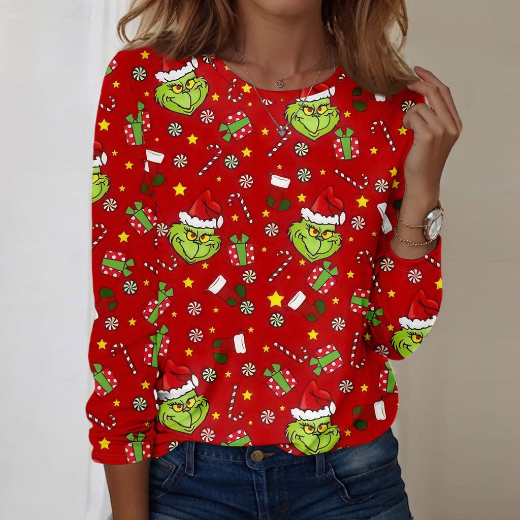 Damenmode, lässig, langärmelig, bedruckt, Rundhalsausschnitt, Pullover, Top, Bluse