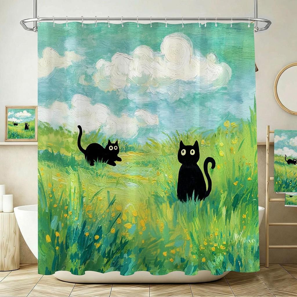 Whimsical Cat Field Shower Curtain Waterproof Bathroom Decoration Home Decor Art Print Cute Kitten Garden Shower Curtain Liner f