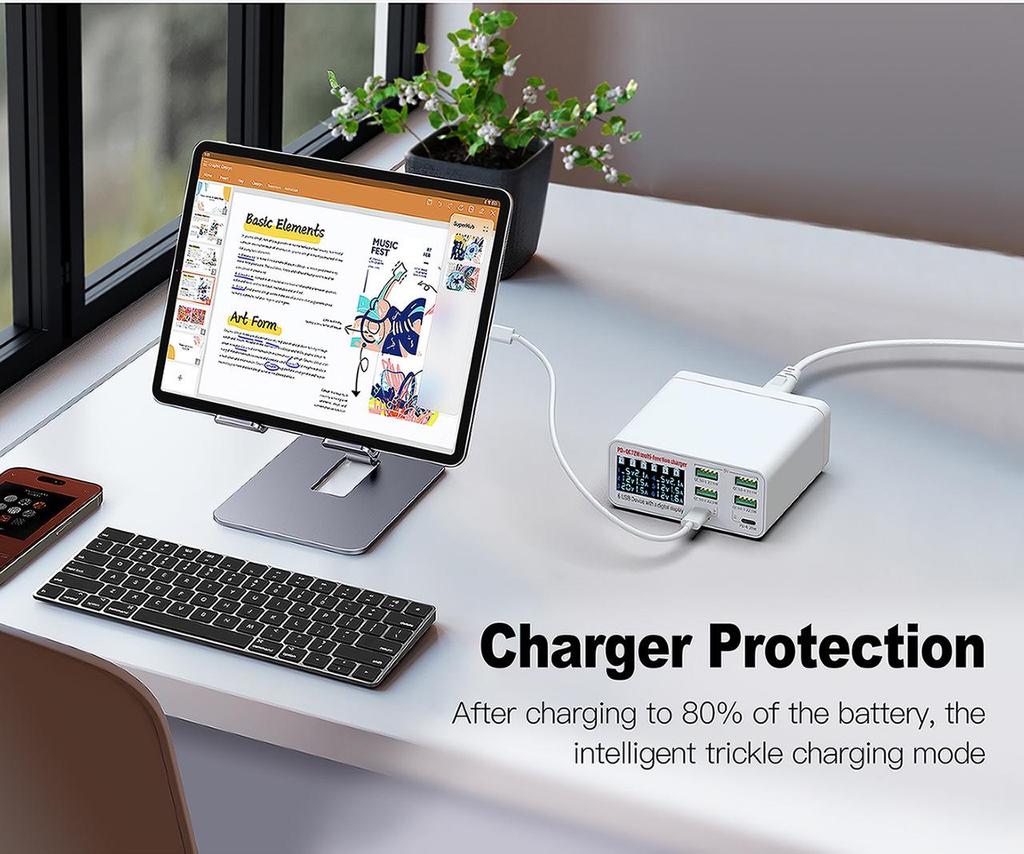 6-Port USB Fast Charger with Digital Display for Phones, Tablets, and Laptops