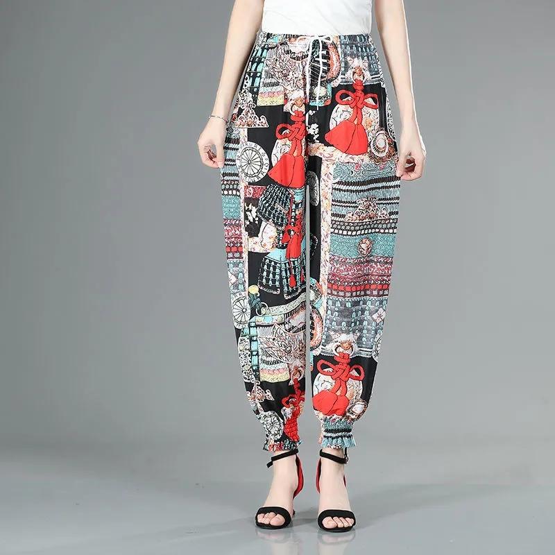WTEMPO Mom Summer Thin Printed Ice Silk Pants Women Ealstic High Waist Large Size Casual Bloomers Trousers