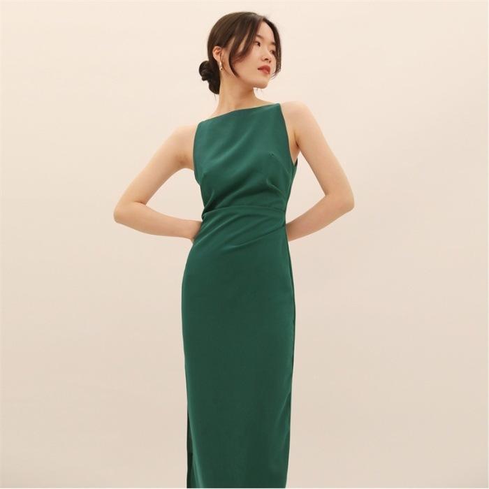 French one-word shoulder neck sling slim-fitting off-the-shoulder dress dress waist wrap hip long dress women s clothing S
