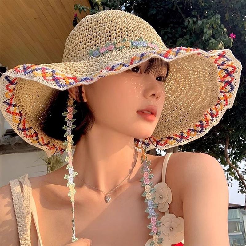 Korean Style Floral Bow Straw Hat For Women New Summer Beach Large Brim Fisherman Hat Small Face Holiday Style Sun Hat