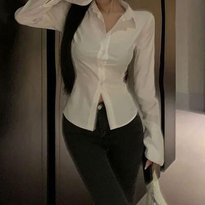 Uzun Kollu Kadın Düz Gömlek Kore Seksi Slim Fit Bel Saran Kısa Gömlek Bluz Kadın Şık Ofis İş Kıyafetleri