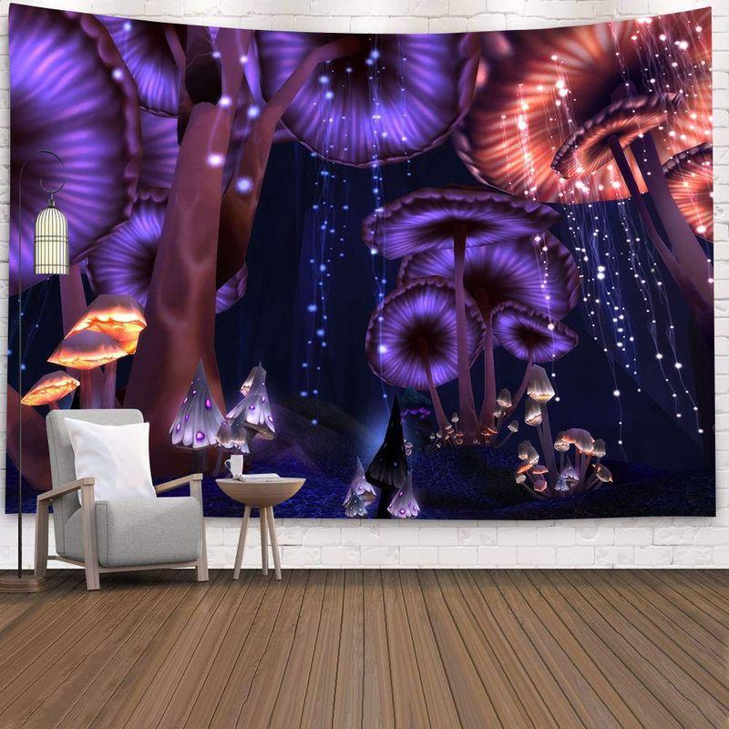 Mushroom Forest Tapestry, Peach Skin Velvet Background Fabric, Polyester Digital Printing Wall Carpet, Room Decoration Hanging Fabric