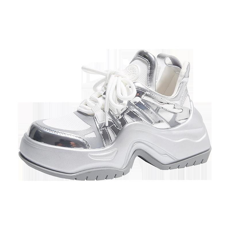 Schleife unten Silber Dad Schuhe Damen Neu Europäische Ware Verdickte Sohle Hufeisenabsatz Mesh Atmungsaktiv Sport Damenschuhe