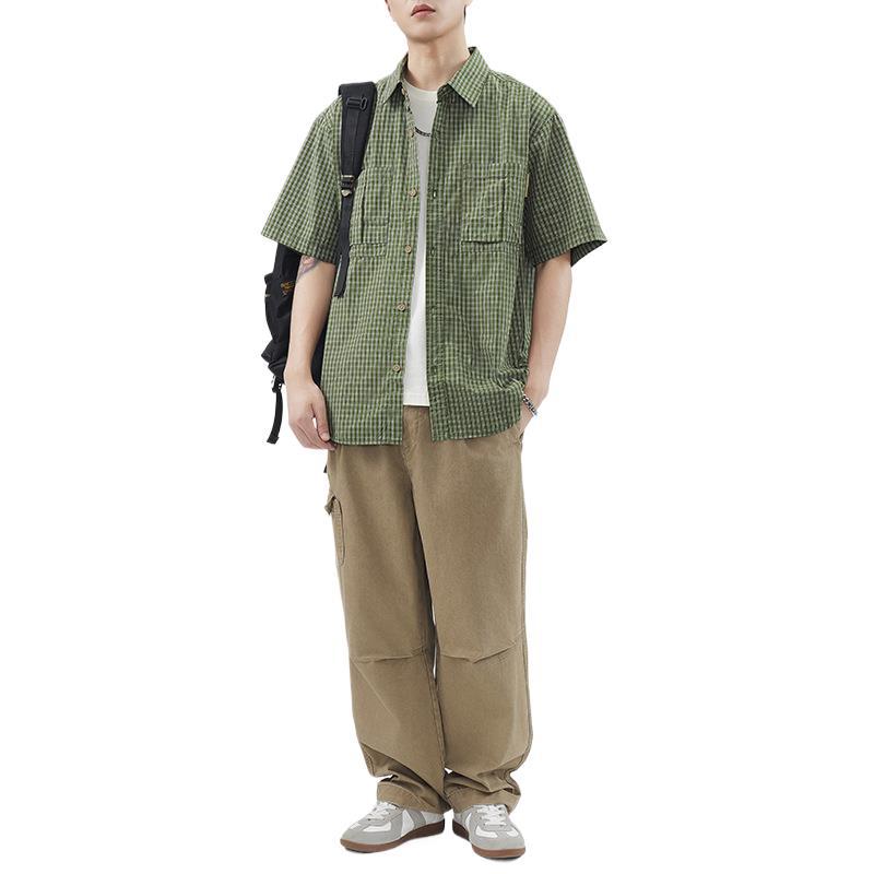 Retro Men's Short-sleeved Shirt Plaid Casual American Work Shirt Jacket