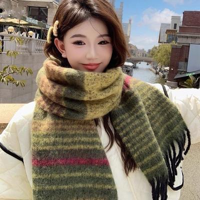 Korean Style Striped Retro Scarf for Women Embroidered Color Matching  Thickened and Warm In Winter  Simple Mohair Premium Scarf