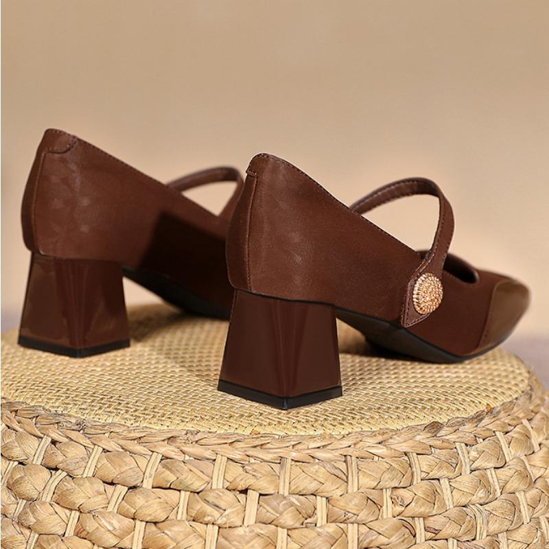 Fashion One Line High Heels for Women 2025 New Style Square Toe Thick Heel Mary Jane Single Shoes Large French Red Wedding Shoes Pumps